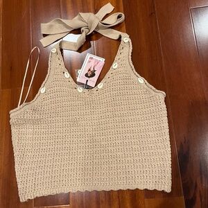 New NWT Sincerely Jules Crochet Beige Halter Top‎ Knit Shell Beach Sleeveless M